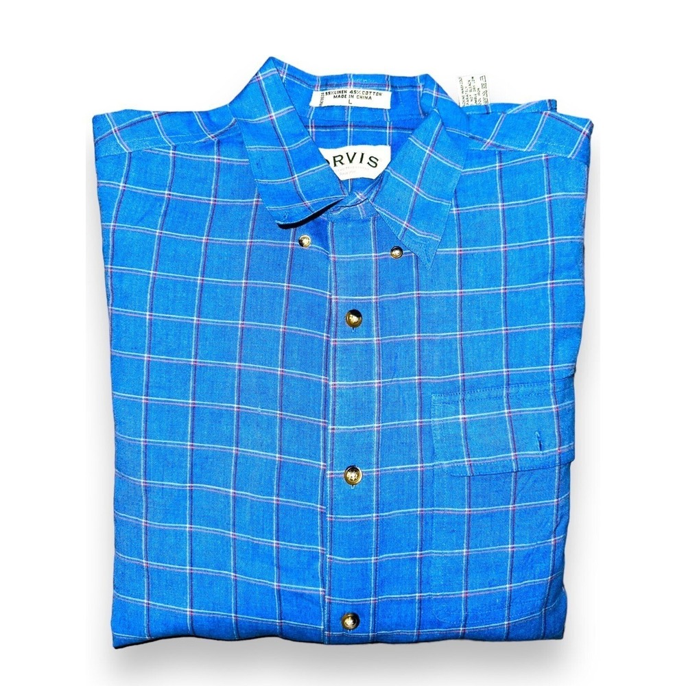 C5 Orvis Mens Button Front Shirt Top Linen Blue Large Cotton Causal Dress